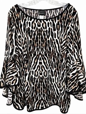 Coco Bianco 2X Mixed Animal Print Bell Sleeve Blouse Plus Size Stretch Tunic Top
